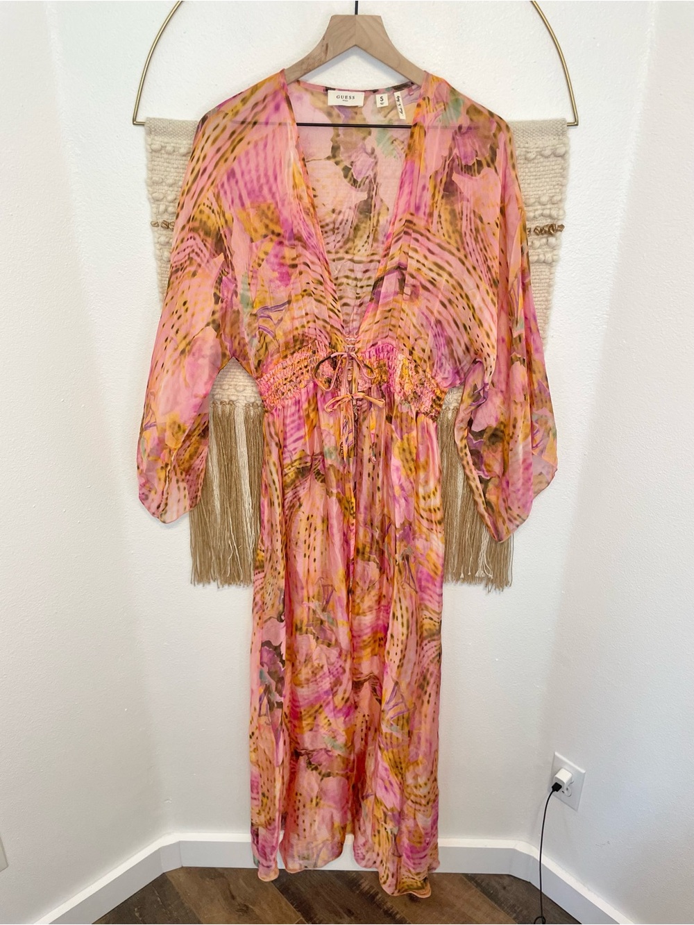 GUESS Silk Blend Pink Printed Floor Length Kimono Resortwear S